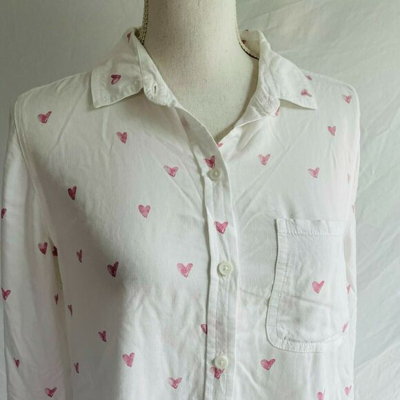 BeachLunchLounge Alanna Button Down Heart Print Long Sleeves White Viscose M - Picture 4 of 10